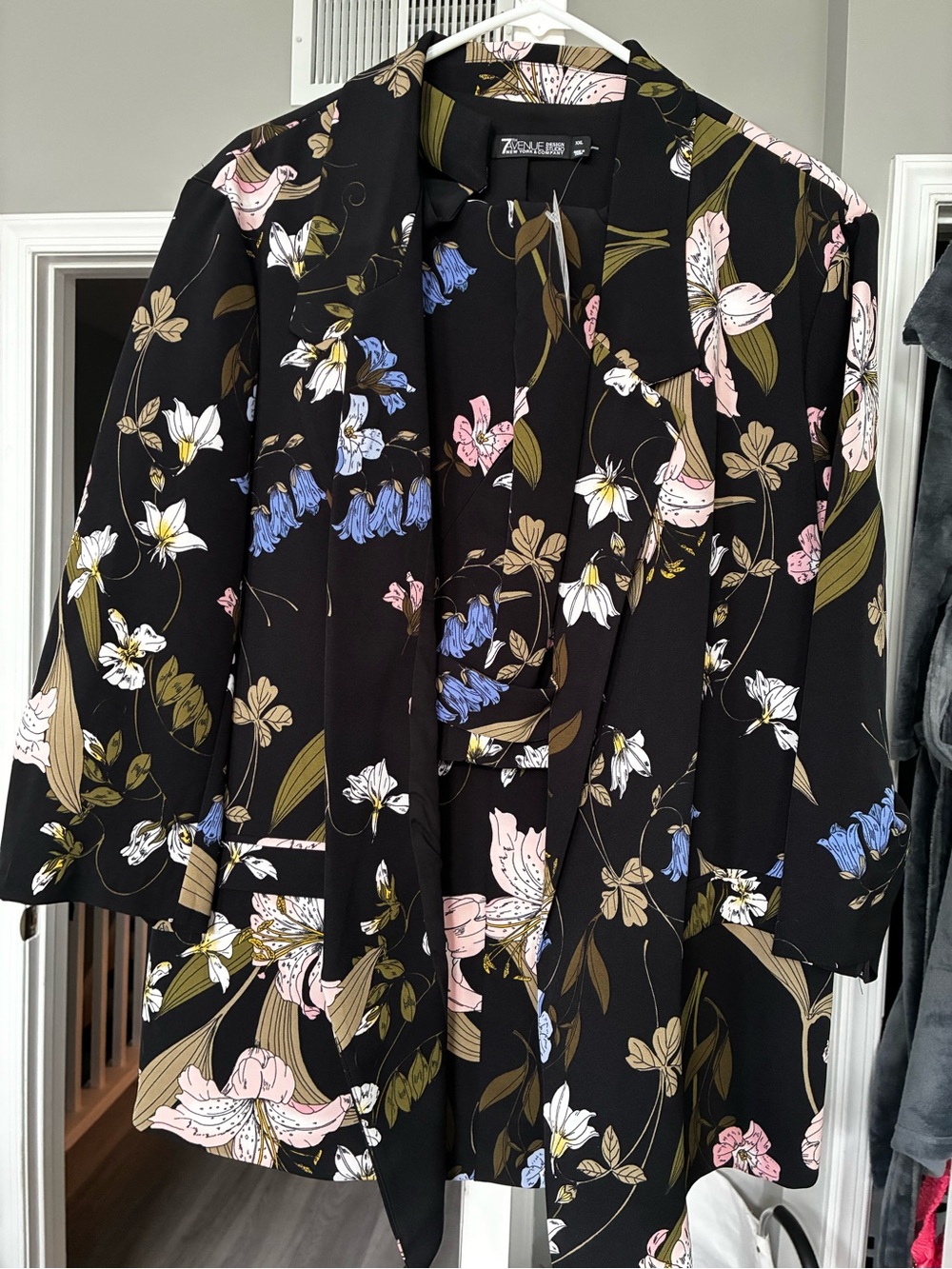 New York & Company Black Floral Blazer with Blue and Olive Accents